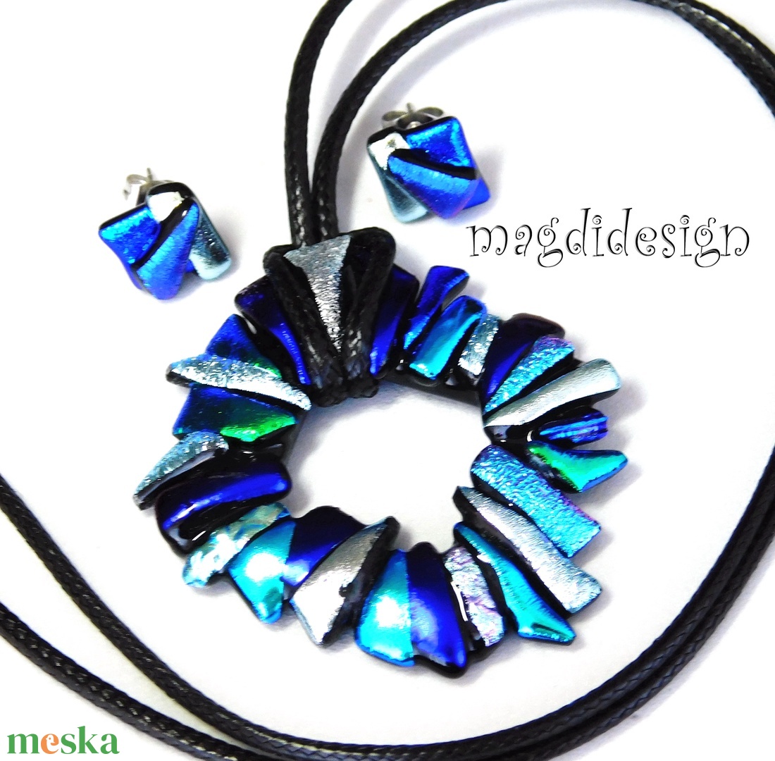 Ezüst-kék borzaska üvegékszer szett nyaklánc fülbevaló--  Ballagásra, születésnapra, névnapra - ékszer - ékszerszett - Meska.hu