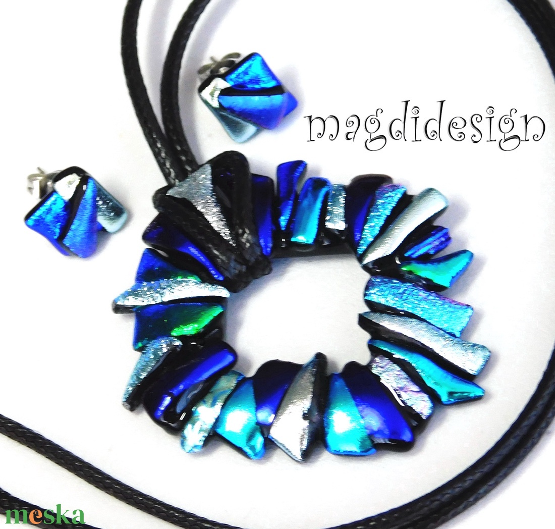 Ezüst-kék borzaska üvegékszer szett nyaklánc fülbevaló--  Ballagásra, születésnapra, névnapra - ékszer - ékszerszett - Meska.hu