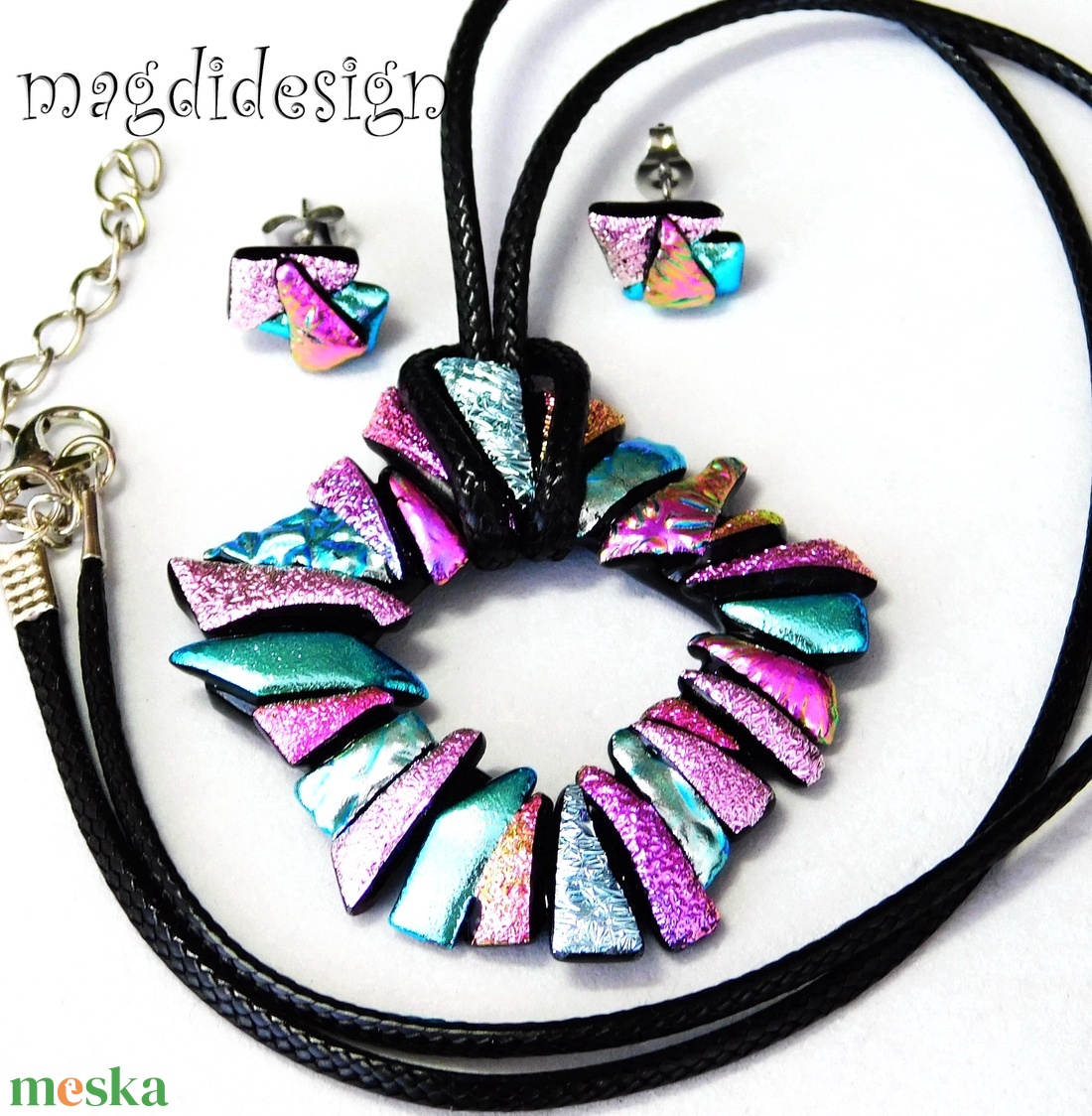 Csillogó ezüst-rózsaszín dichroic üvegékszer szett nyaklánc fülbevaló - ékszer - ékszerszett - Meska.hu