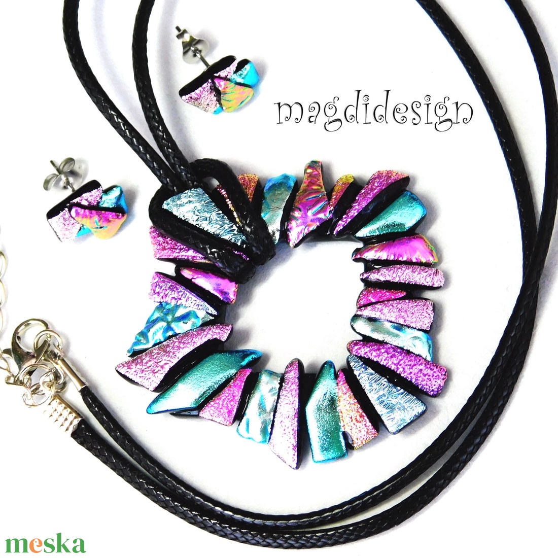Csillogó ezüst-rózsaszín dichroic üvegékszer szett nyaklánc fülbevaló - ékszer - ékszerszett - Meska.hu