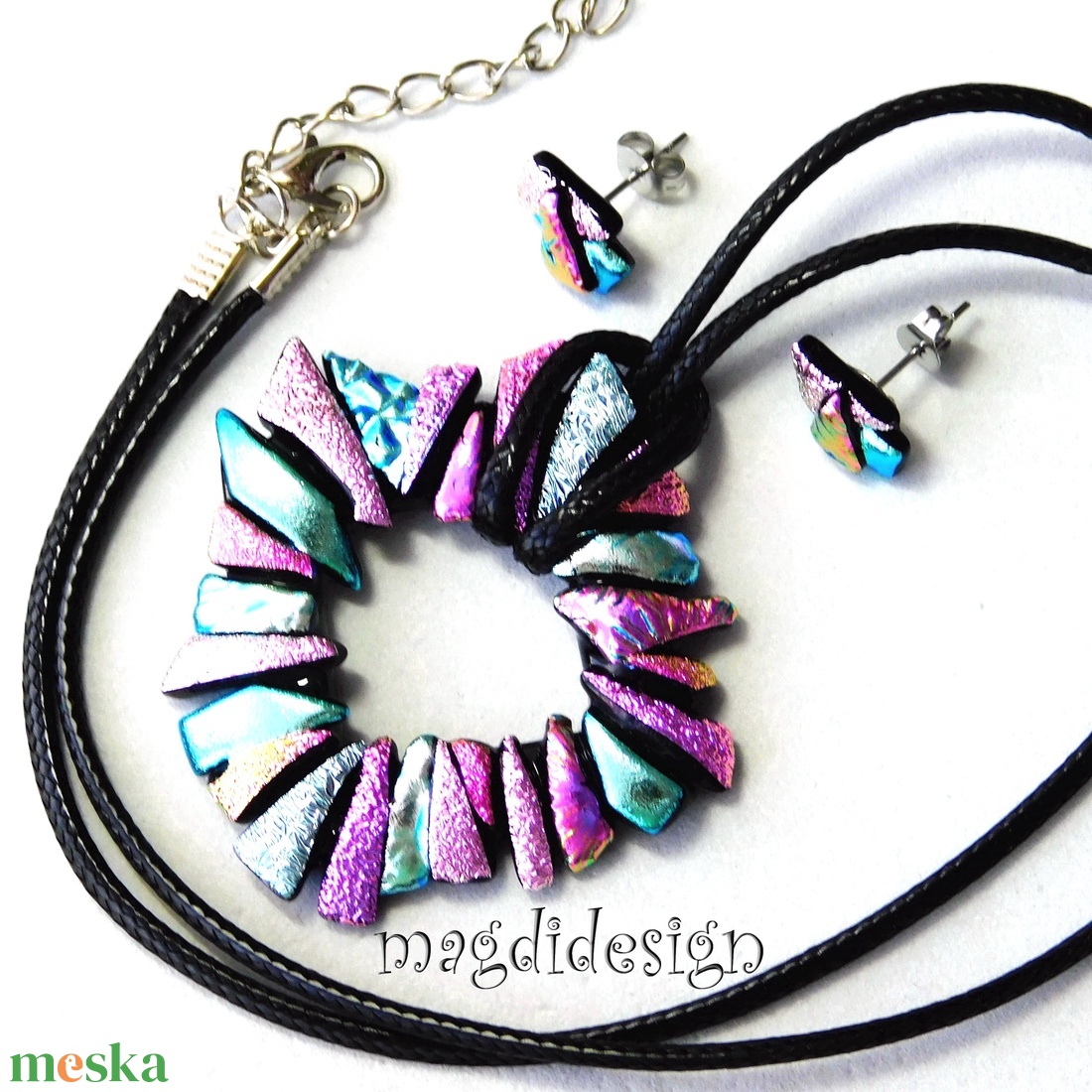 Csillogó ezüst-rózsaszín dichroic üvegékszer szett nyaklánc fülbevaló - ékszer - ékszerszett - Meska.hu