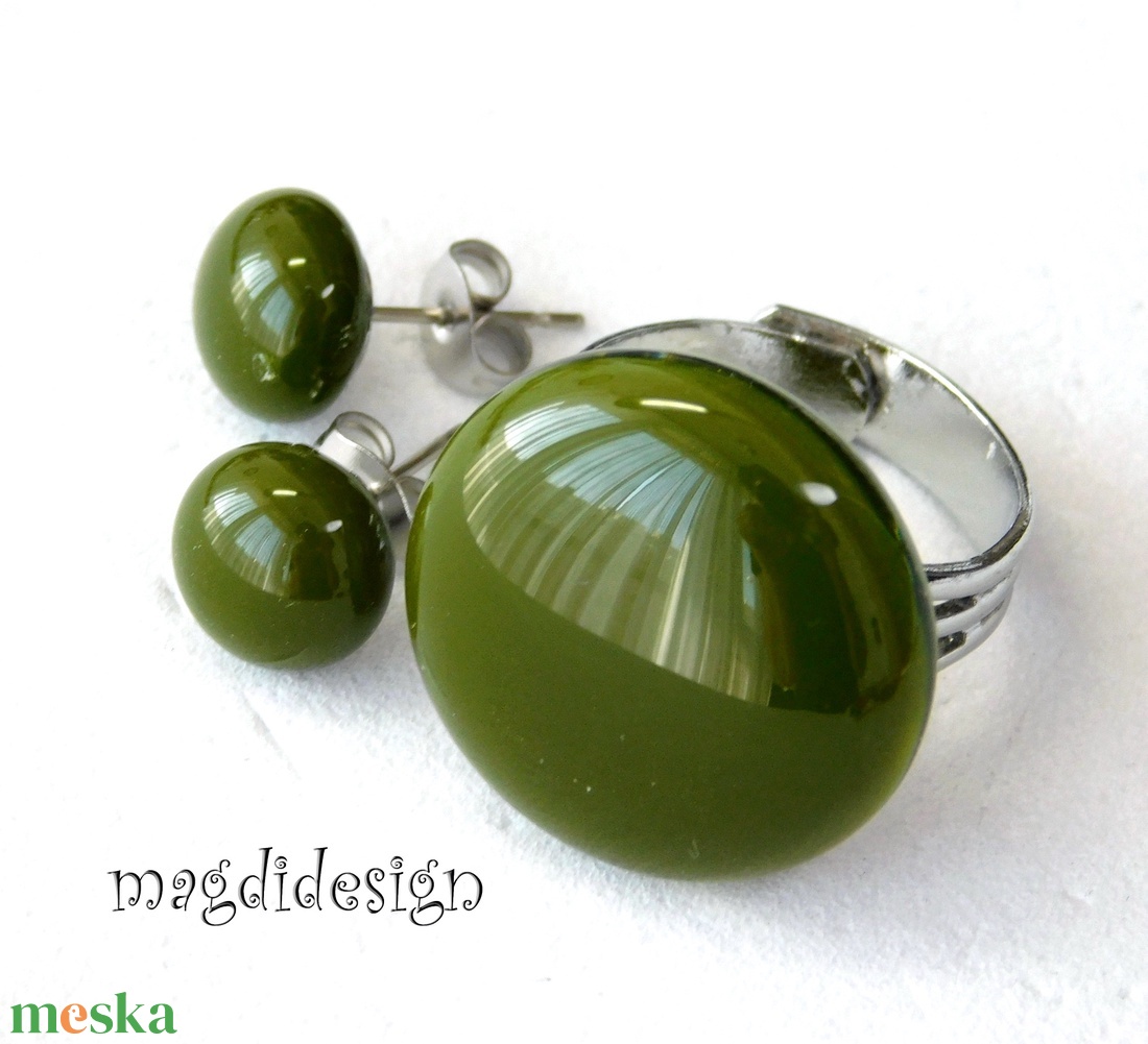 Mohazöld üvegékszer szett gyűrű, fülbevaló - ékszer - ékszerszett - Meska.hu
