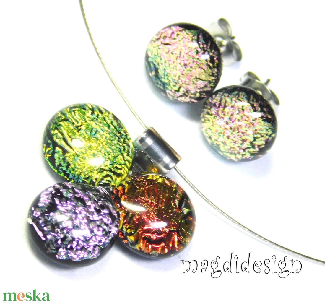 Arany-vörös-rózsaszín dichroic bogyós színtrió üvegékszer szett nyaklánc stiftes fülbevaló - ékszer - ékszerszett - Meska.hu