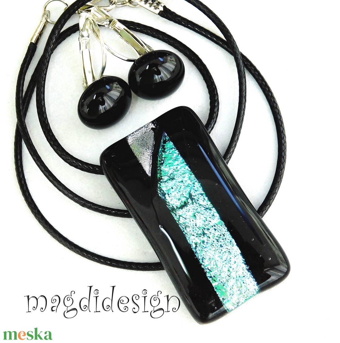 Türkiz-ezüst feketén dichroic üvegékszer szett kapcsos fülbevaló - ékszer - ékszerszett - Meska.hu