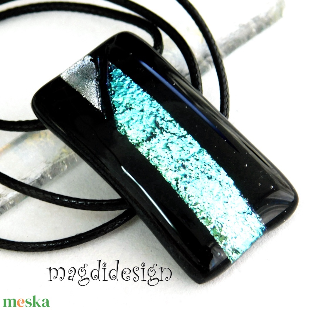 Türkiz-ezüst feketén dichroic üvegékszer szett kapcsos fülbevaló - ékszer - ékszerszett - Meska.hu