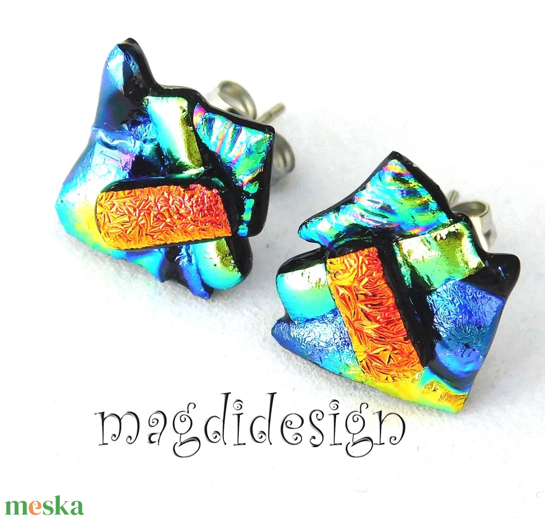 NEMESACÉL! Kék- narancs  borzaska dichroic üvegékszer stiftes fülbevaló  - ékszer - fülbevaló - pötty fülbevaló - Meska.hu
