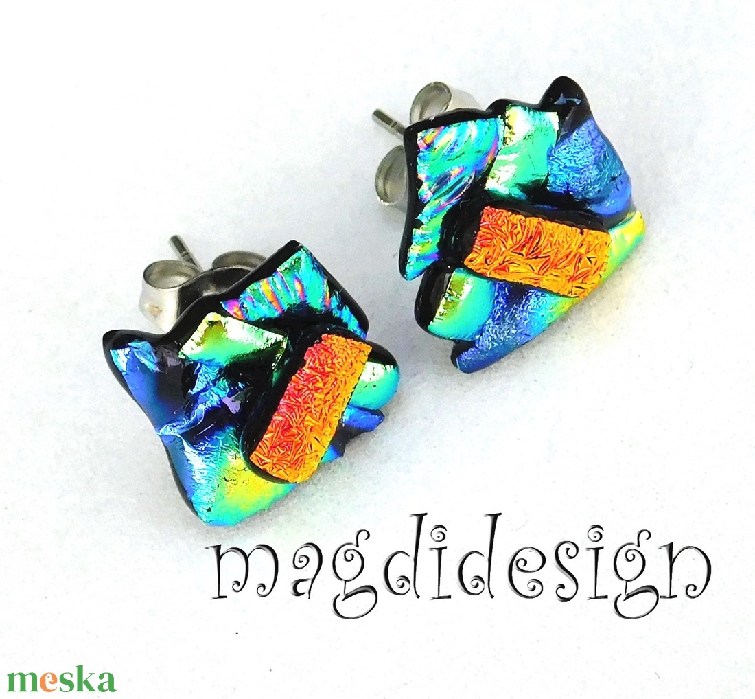 NEMESACÉL! Kék- narancs  borzaska dichroic üvegékszer stiftes fülbevaló  - ékszer - fülbevaló - pötty fülbevaló - Meska.hu