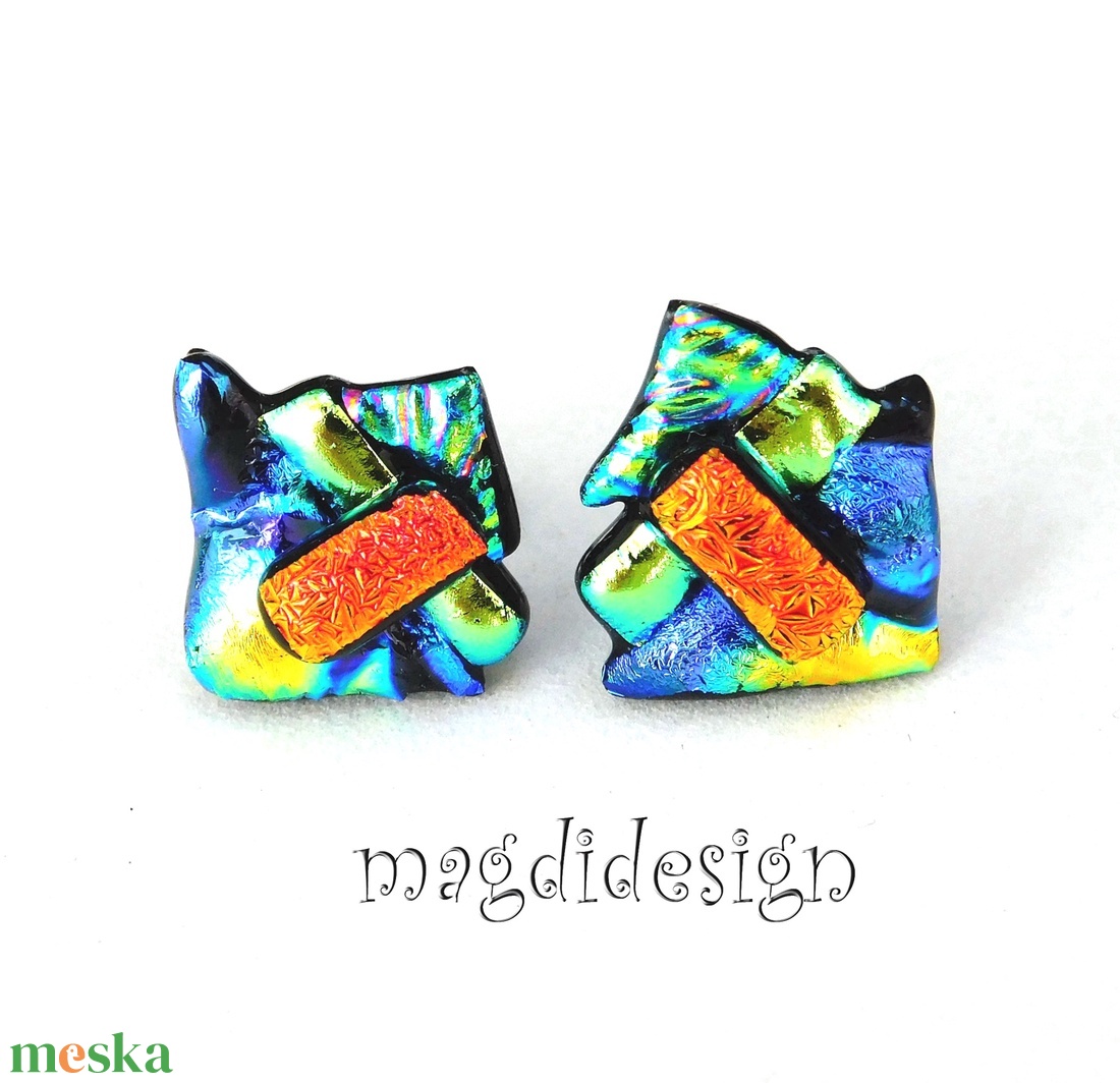 NEMESACÉL! Kék- narancs  borzaska dichroic üvegékszer stiftes fülbevaló  - ékszer - fülbevaló - pötty fülbevaló - Meska.hu