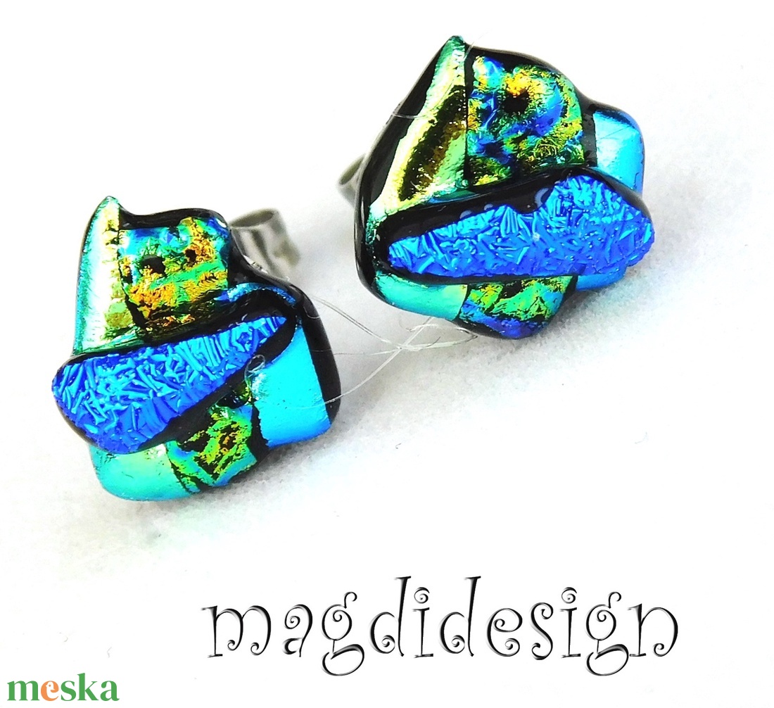 NEMESACÉL! Türkiz-kék-arany borzaska dichroic üvegékszer stiftes fülbevaló  - ékszer - fülbevaló - pötty fülbevaló - Meska.hu