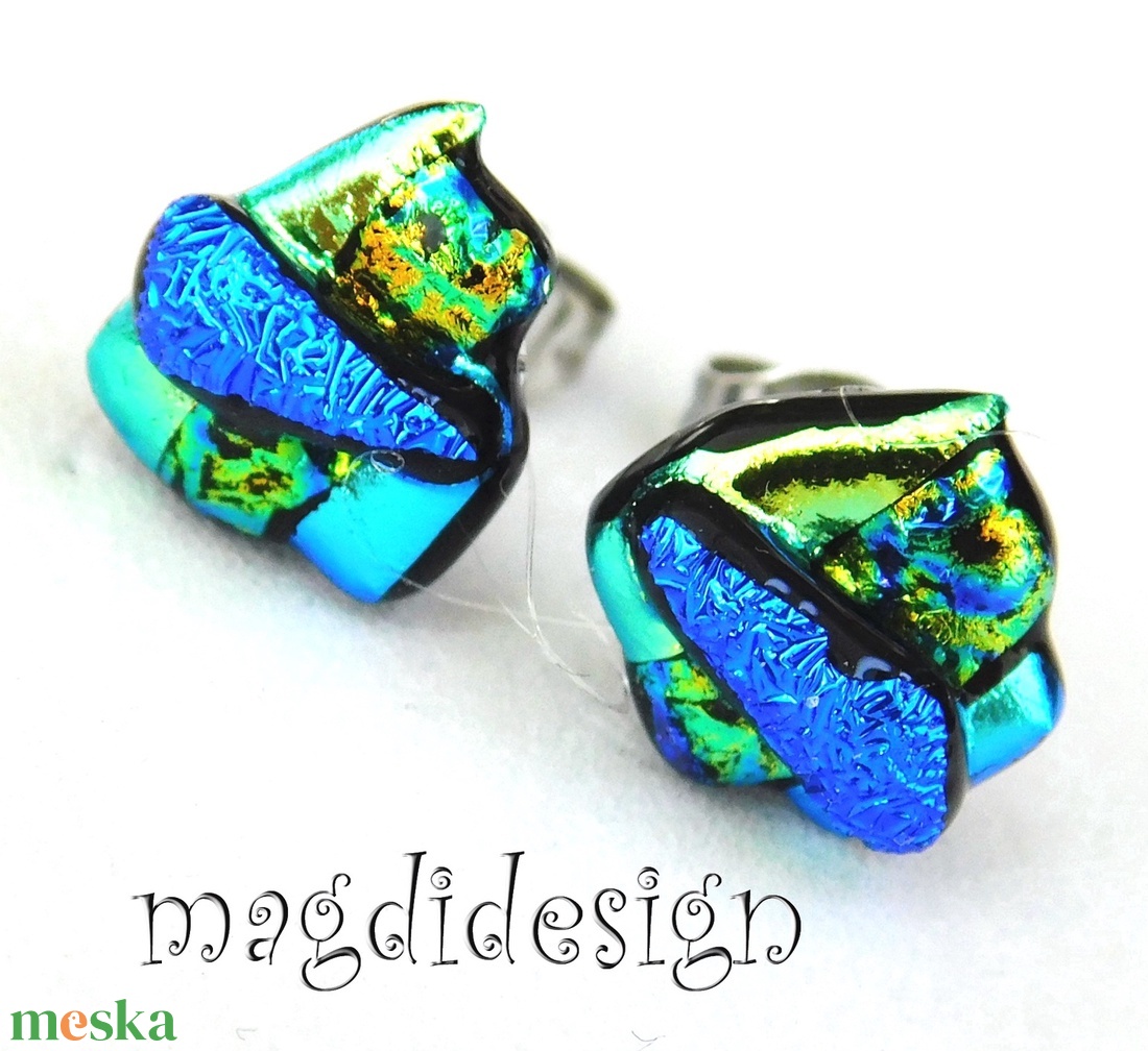 NEMESACÉL! Türkiz-kék-arany borzaska dichroic üvegékszer stiftes fülbevaló  - ékszer - fülbevaló - pötty fülbevaló - Meska.hu