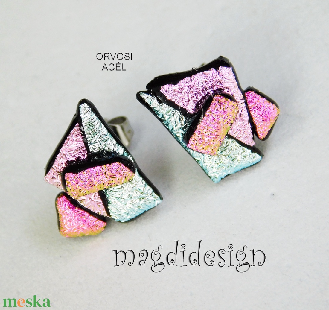 NEMESACÉL! Rózsaszín-ezüst borzaska dichroic üvegékszer stiftes fülbevaló  - ékszer - fülbevaló - pötty fülbevaló - Meska.hu
