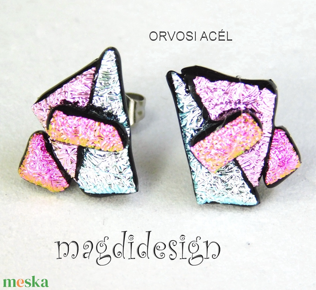 NEMESACÉL! Rózsaszín-ezüst borzaska dichroic üvegékszer stiftes fülbevaló  - ékszer - fülbevaló - pötty fülbevaló - Meska.hu