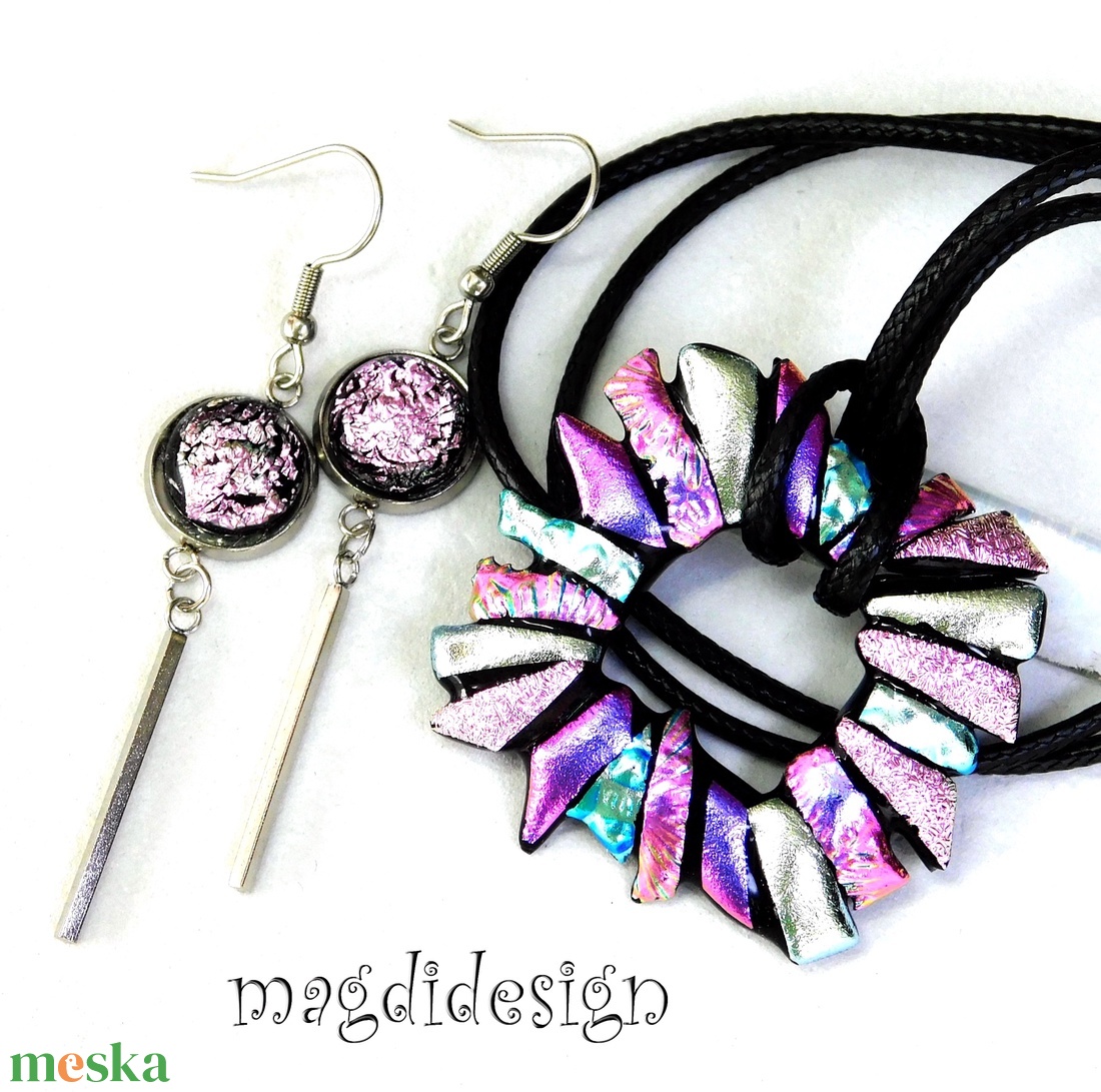 Ezüst-rózsaszín borzaska üvegékszer szett nyaklánc fülbevaló -- Ballagásra, születésnapra, névnapra - ékszer - ékszerszett - Meska.hu