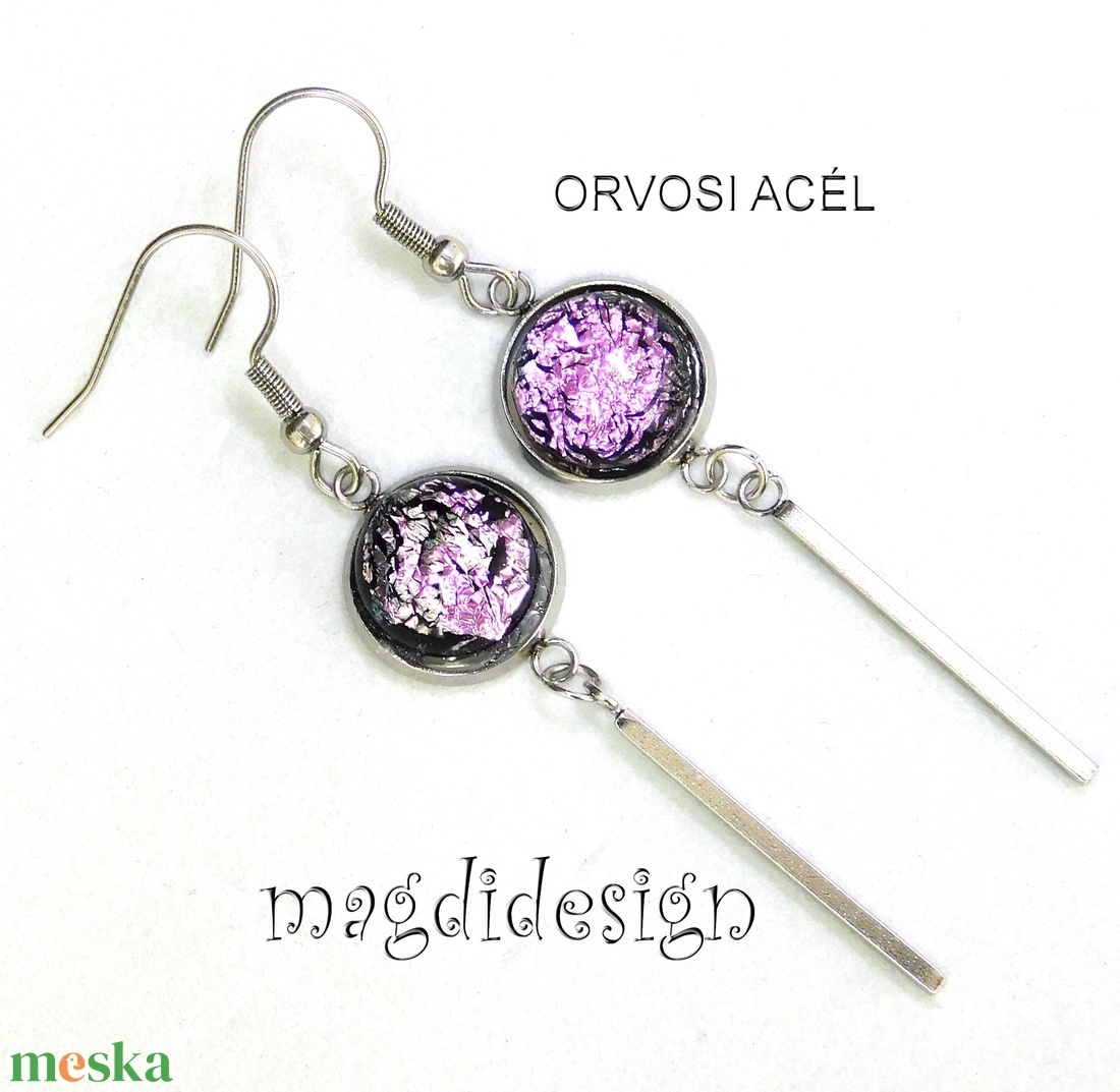 Rózsaszín dichroic üvegékszer lógós fülbevaló  - ékszer - fülbevaló - lógó fülbevaló - Meska.hu