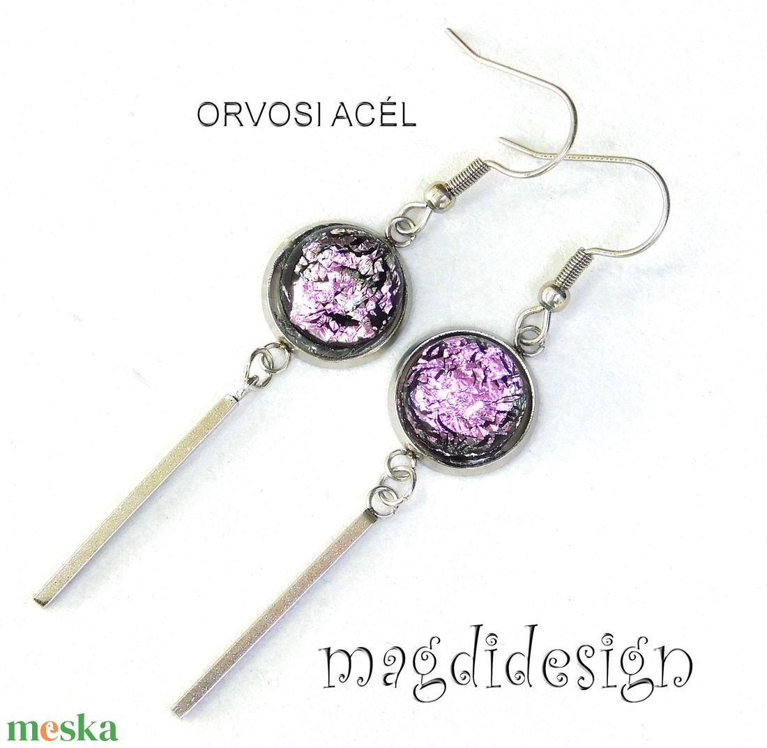 Rózsaszín dichroic üvegékszer lógós fülbevaló  - ékszer - fülbevaló - lógó fülbevaló - Meska.hu