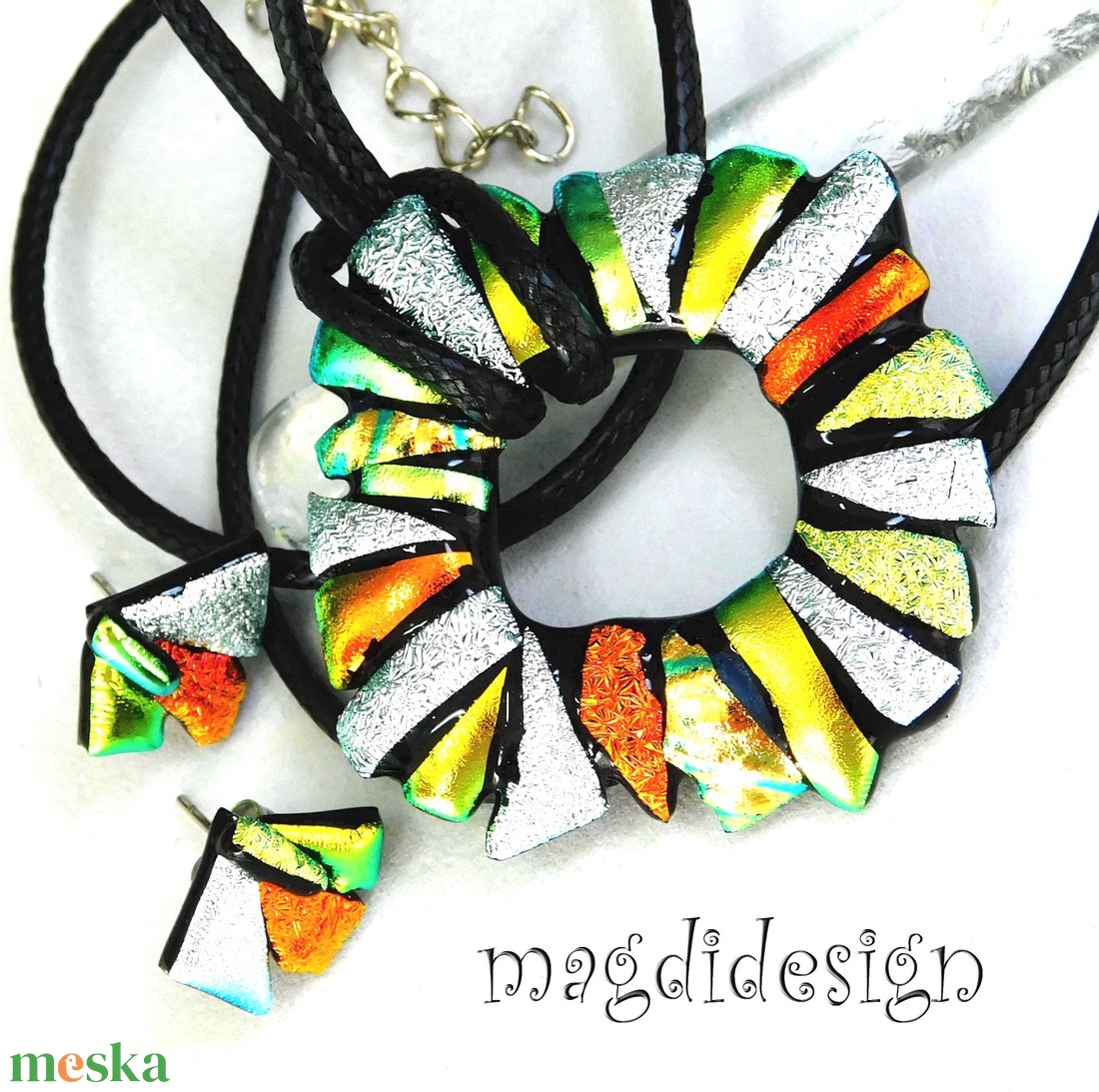 Ezüst-arany-narancs borzaska üvegékszer szett nyaklánc fülbevaló -- Ballagásra, születésnapra, névnapra - ékszer - ékszerszett - Meska.hu