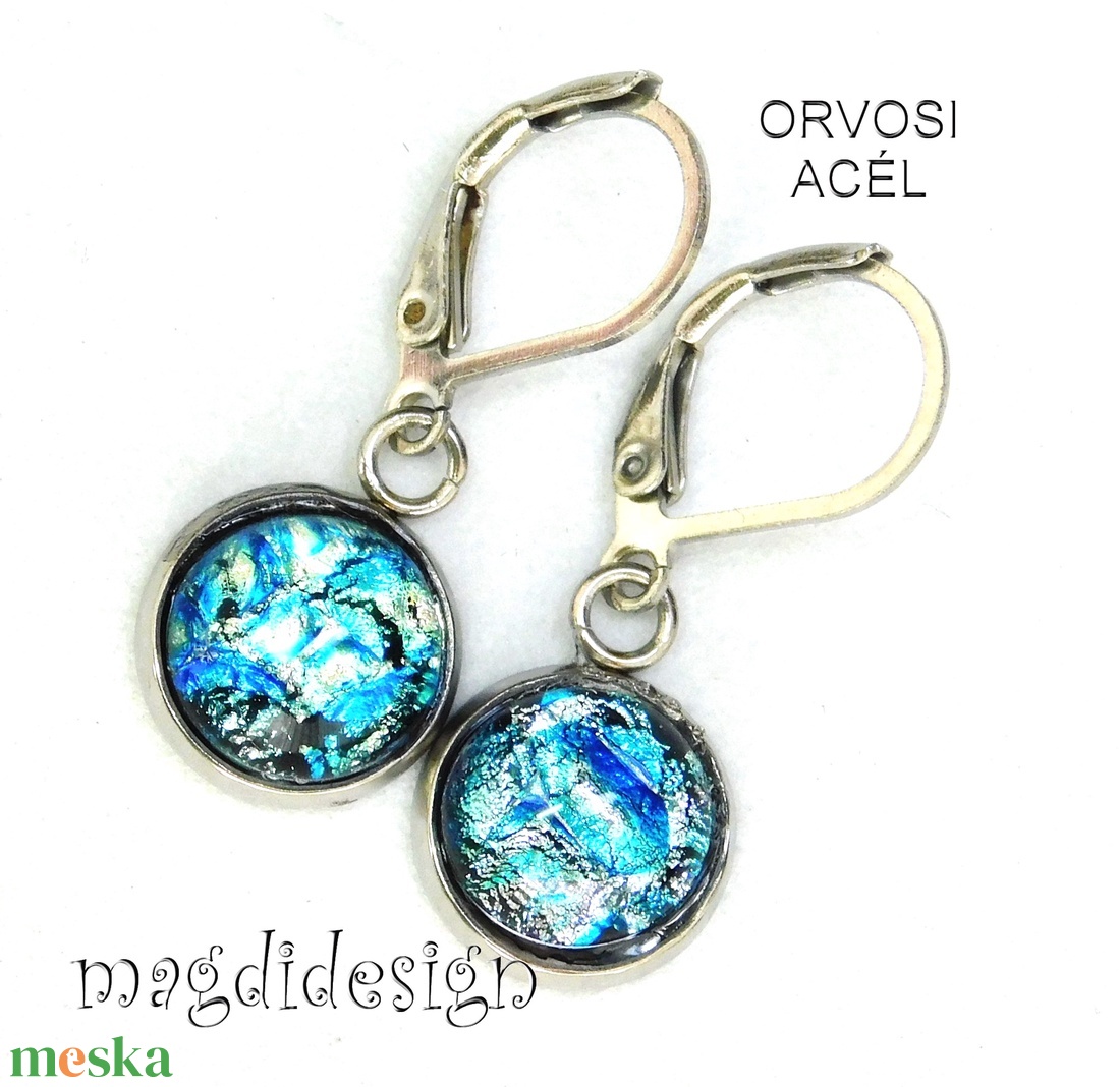 Csillogó ezüst-kék dichroic üvegékszer lógós kapcsos fülbevaló - ékszer - fülbevaló - lógó fülbevaló - Meska.hu