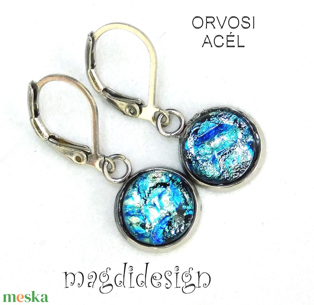 Csillogó ezüst-kék dichroic üvegékszer lógós kapcsos fülbevaló - ékszer - fülbevaló - lógó fülbevaló - Meska.hu
