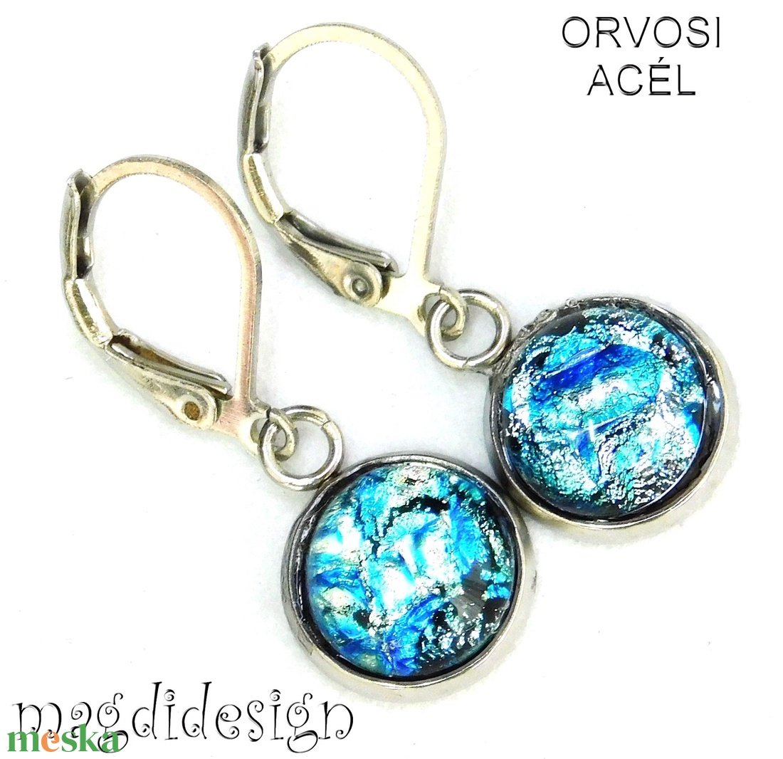 Csillogó ezüst-kék dichroic üvegékszer lógós kapcsos fülbevaló - ékszer - fülbevaló - lógó fülbevaló - Meska.hu