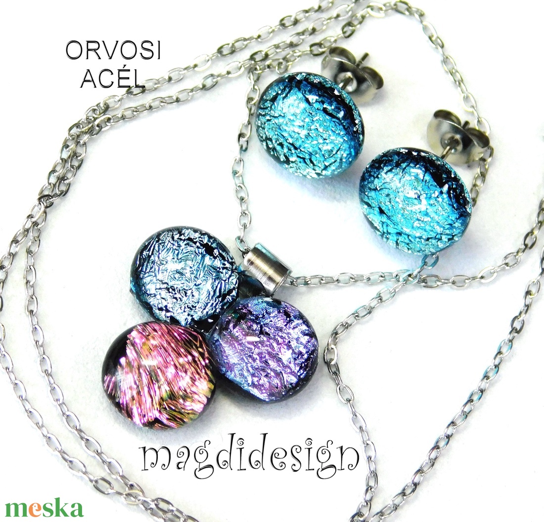 Lazac-ezüst-rózsaszín dichroic bogyós színtrió üvegékszer szett nyaklánc stiftes fülbevaló - ékszer - ékszerszett - Meska.hu