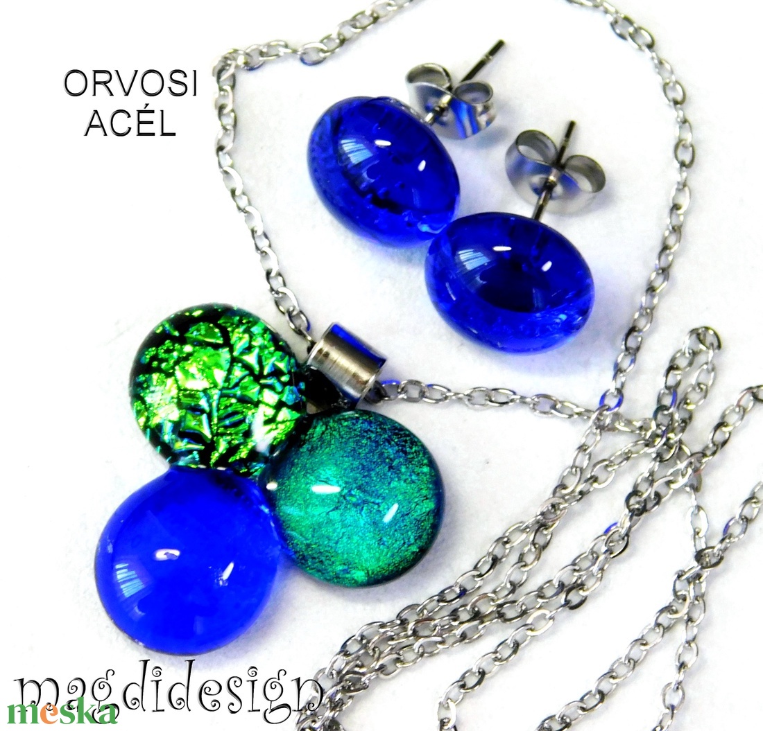 Zöld-türkiz-kék dichroic bogyós színtrió üvegékszer szett nyaklánc stiftes fülbevaló - ékszer - ékszerszett - Meska.hu