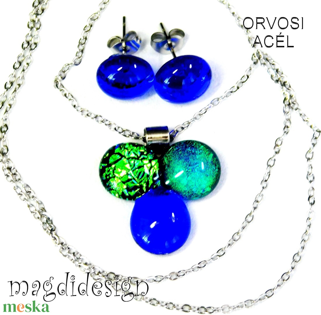 Zöld-türkiz-kék dichroic bogyós színtrió üvegékszer szett nyaklánc stiftes fülbevaló - ékszer - ékszerszett - Meska.hu