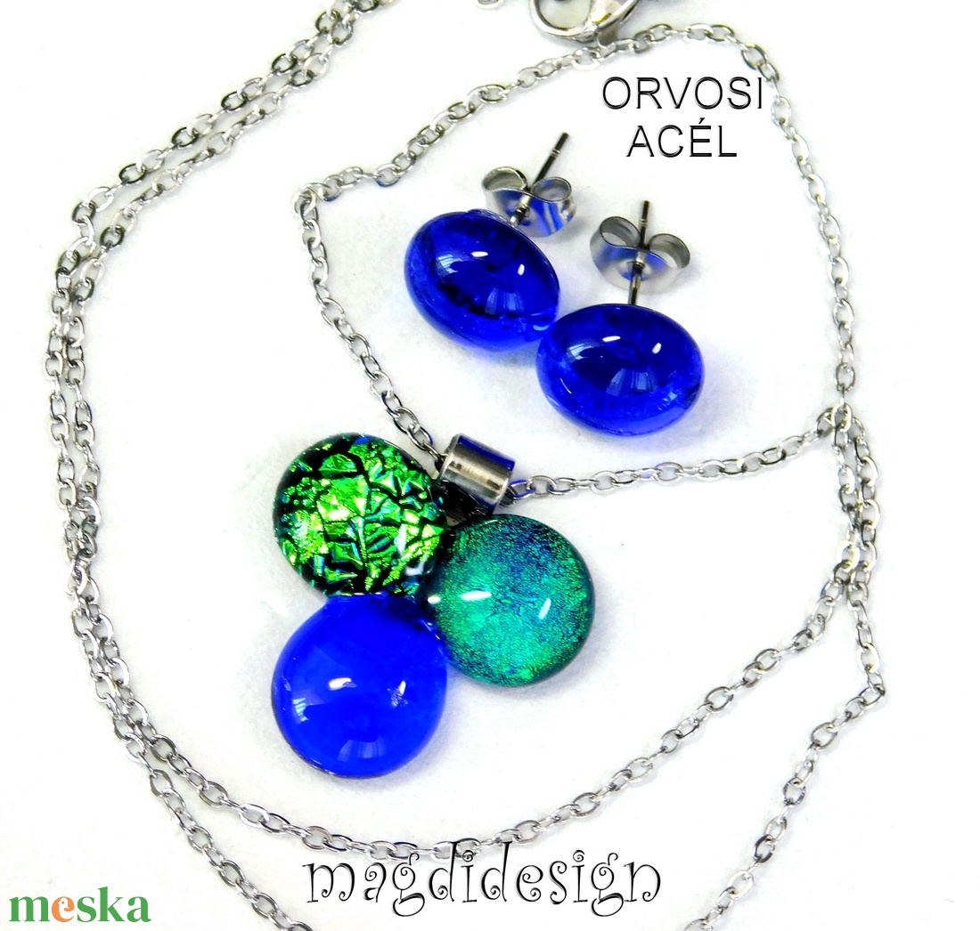 Zöld-türkiz-kék dichroic bogyós színtrió üvegékszer szett nyaklánc stiftes fülbevaló - ékszer - ékszerszett - Meska.hu