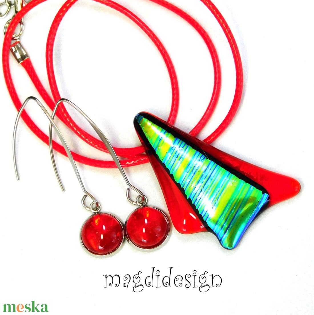 Tüzes türkiz-zöld csíkos szögek üvegékszer szett nyaklánc lógós fülbevaló - ékszer - ékszerszett - Meska.hu