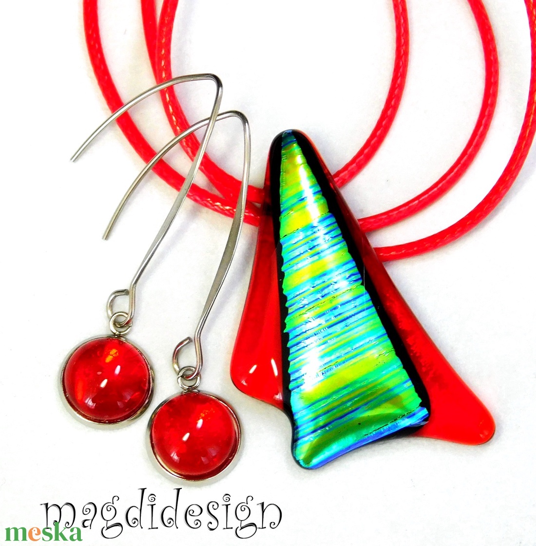 Tüzes türkiz-zöld csíkos szögek üvegékszer szett nyaklánc lógós fülbevaló - ékszer - ékszerszett - Meska.hu