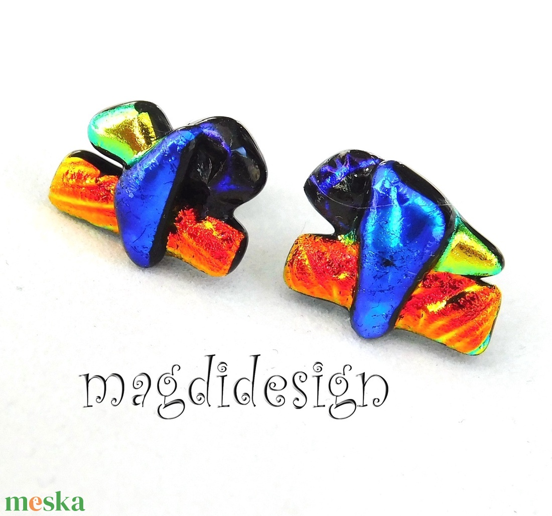 NEMESACÉL! Kék- narancs-arany  borzaska dichroic üvegékszer stiftes fülbevaló  - ékszer - fülbevaló - pötty fülbevaló - Meska.hu