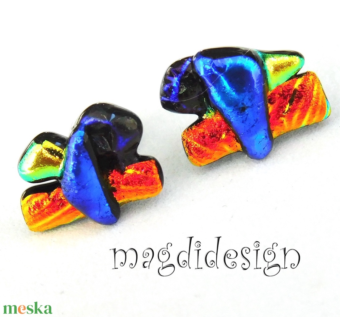 NEMESACÉL! Kék- narancs-arany  borzaska dichroic üvegékszer stiftes fülbevaló  - ékszer - fülbevaló - pötty fülbevaló - Meska.hu