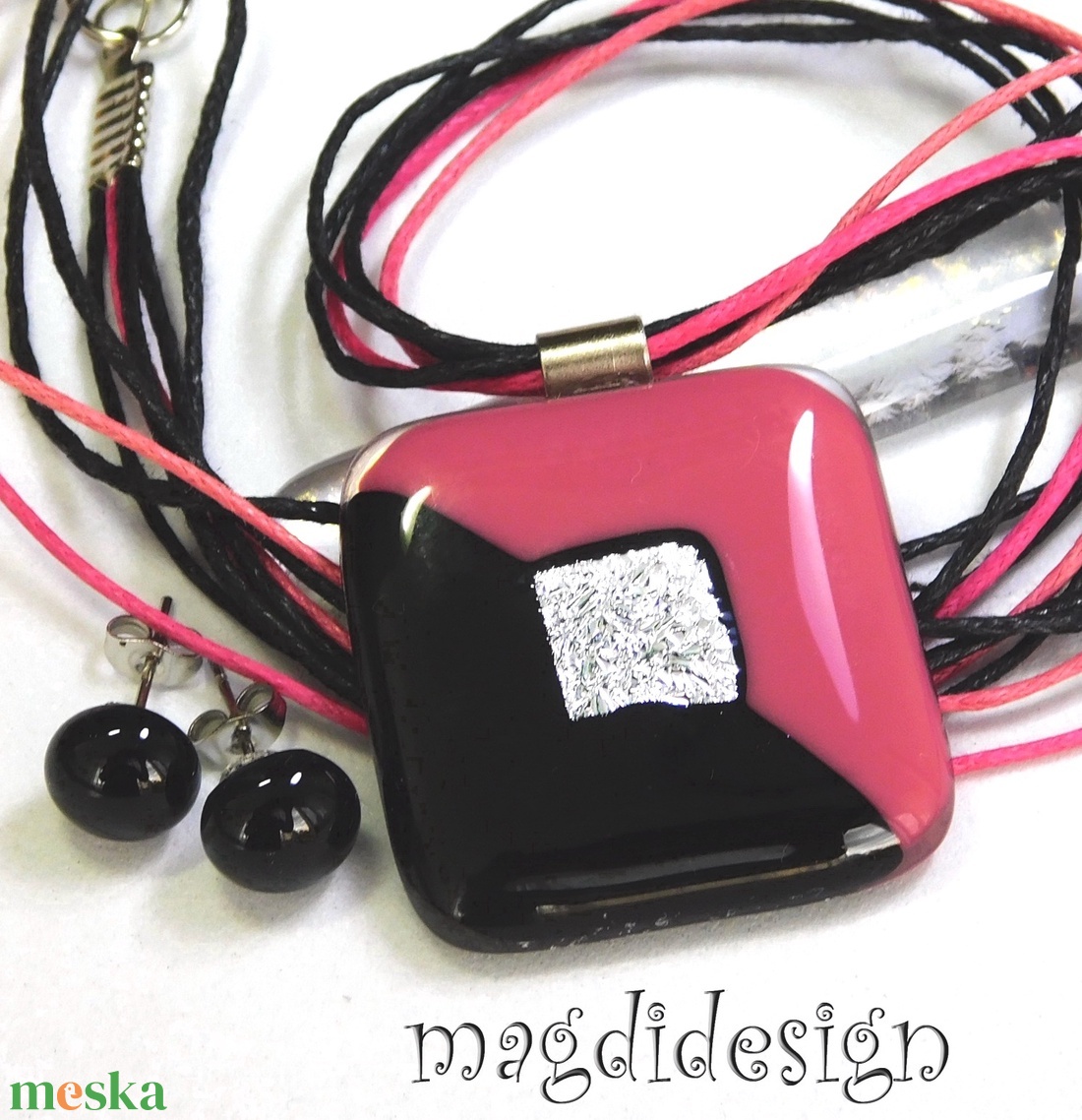 Fekete-mályva üvegékszer szett, nyaklánc, stiftes fülbevaló - ékszer - ékszerszett - Meska.hu