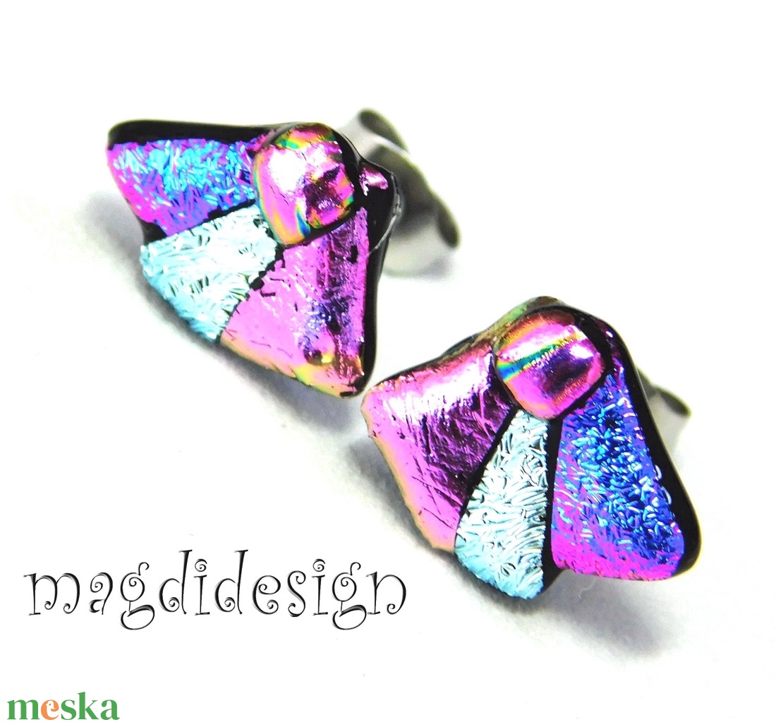 NEMESACÉL! Rózsaszín-ezüs-kékt borzaska dichroic üvegékszer stiftes fülbevaló  - ékszer - fülbevaló - pötty fülbevaló - Meska.hu