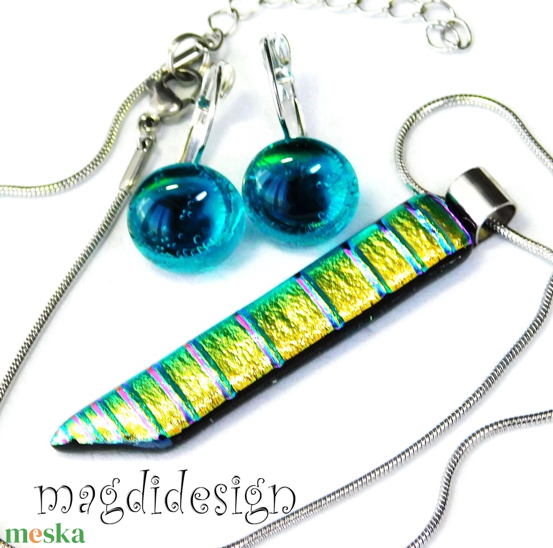  Rózsaszín csíkos dichroic üvegékszer szett nyaklánc kapcsos fülbevaló 2 - ékszer - ékszerszett - Meska.hu