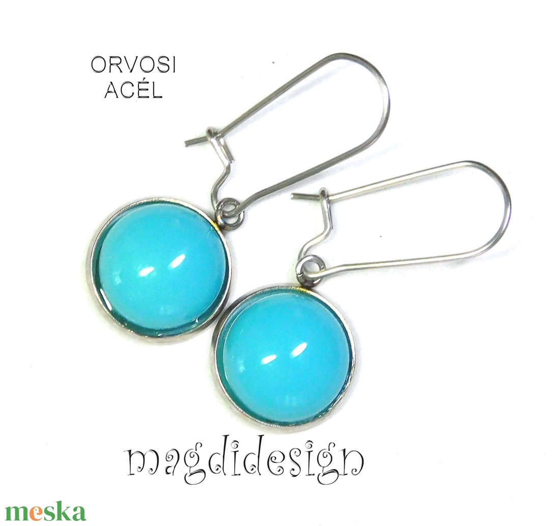Türkizkéküvegékszer stiftes lógós nemesacél fülbevaló - ékszer - fülbevaló - lógó fülbevaló - Meska.hu