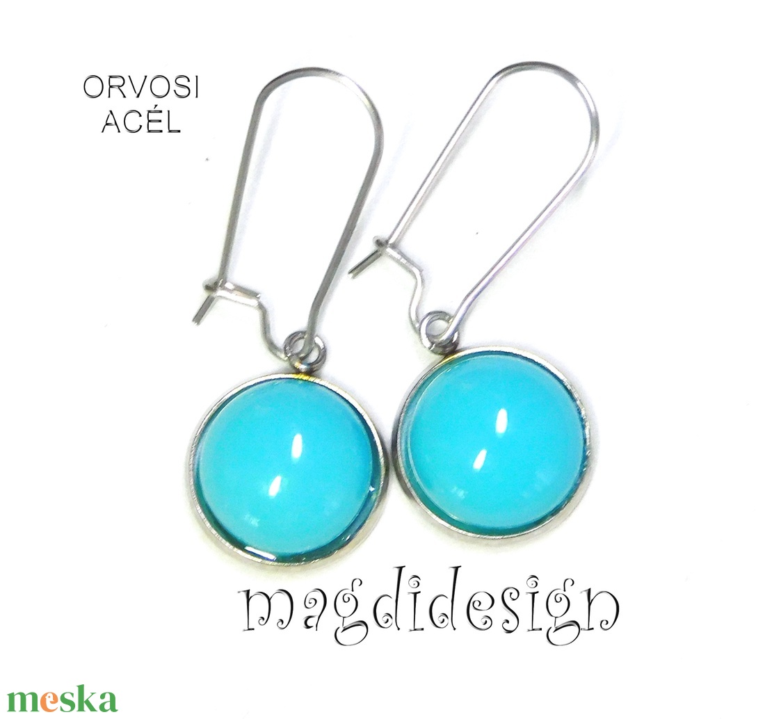 Türkizkéküvegékszer stiftes lógós nemesacél fülbevaló - ékszer - fülbevaló - lógó fülbevaló - Meska.hu