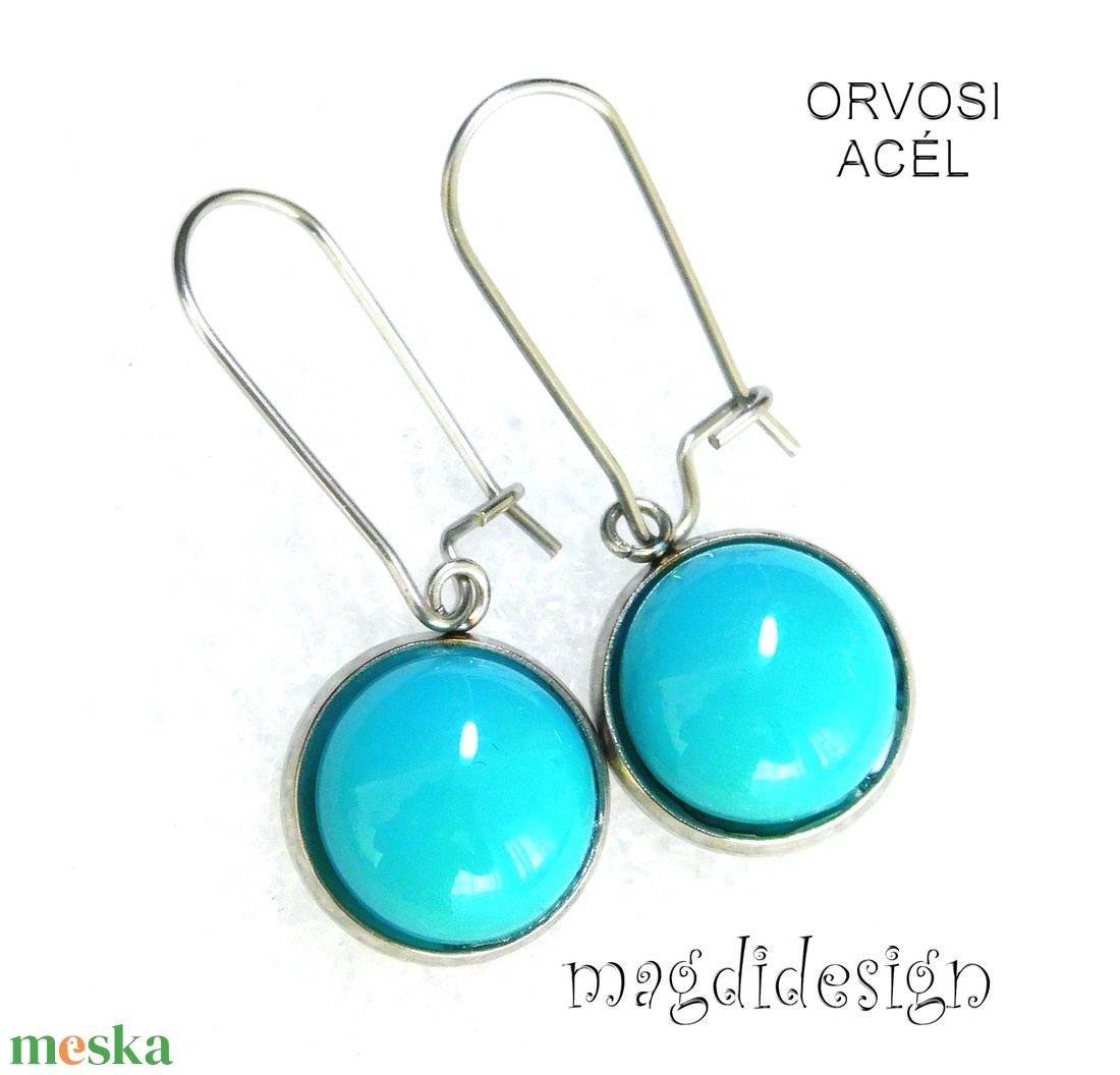 Türkizkéküvegékszer stiftes lógós nemesacél fülbevaló - ékszer - fülbevaló - lógó fülbevaló - Meska.hu