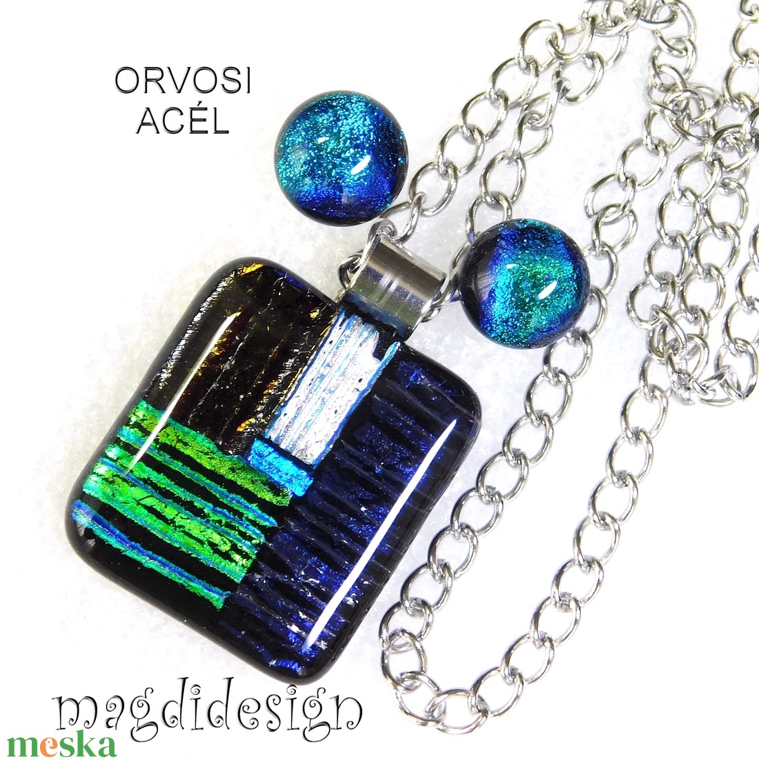 Csíkos mozaik dichroic üvegékszer szett nyaklánc, pötty fülbevaló  - ékszer - ékszerszett - Meska.hu