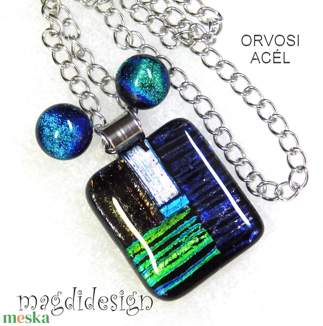 Csíkos mozaik dichroic üvegékszer szett nyaklánc, pötty fülbevaló  - ékszer - ékszerszett - Meska.hu