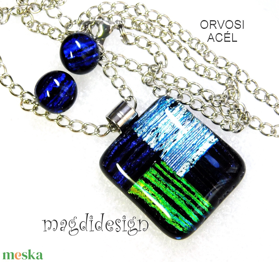 Csíkos mozaik dichroic üvegékszer szett nyaklánc, pötty fülbevaló  - ékszer - ékszerszett - Meska.hu