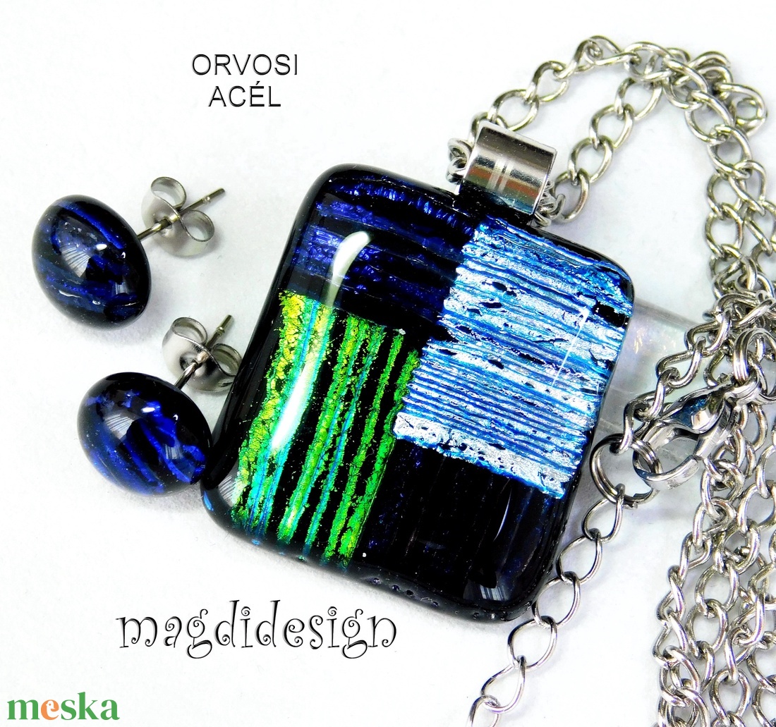 Csíkos mozaik dichroic üvegékszer szett nyaklánc, pötty fülbevaló  1 - ékszer - ékszerszett - Meska.hu