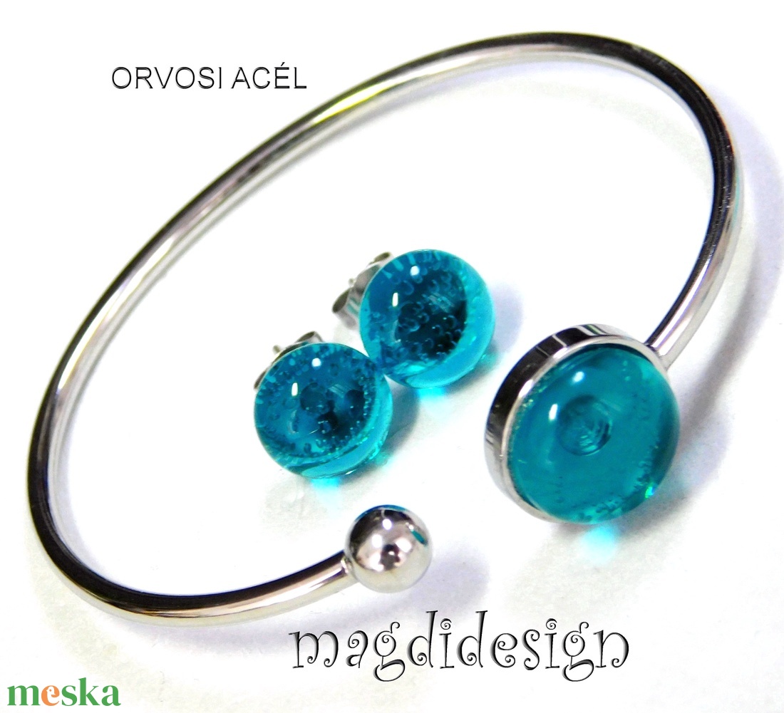 Türkiz üvegékszer szett karkötő, stiftes fülbevaló - Ballagásra, születésnapra, névnapra - ékszer - ékszerszett - Meska.hu