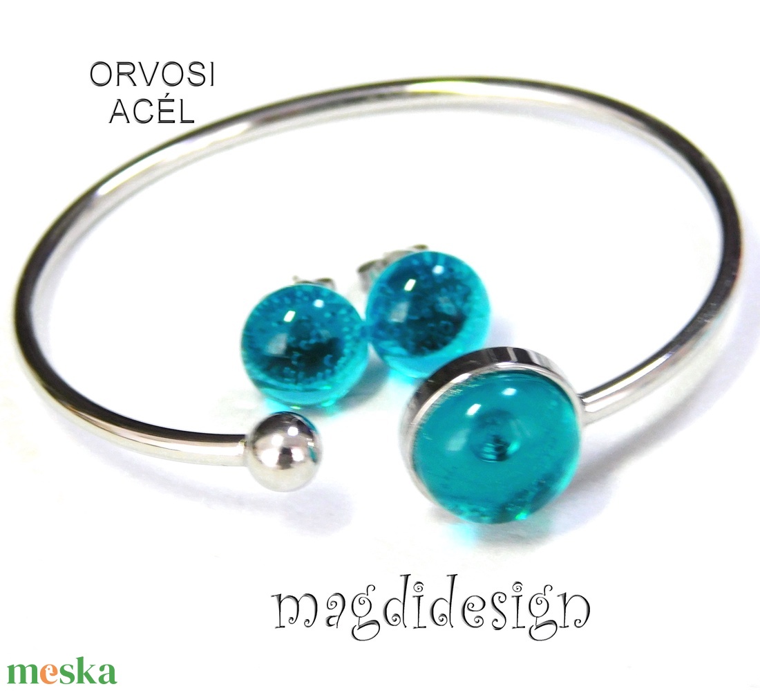 Türkiz üvegékszer szett karkötő, stiftes fülbevaló - Ballagásra, születésnapra, névnapra - ékszer - ékszerszett - Meska.hu