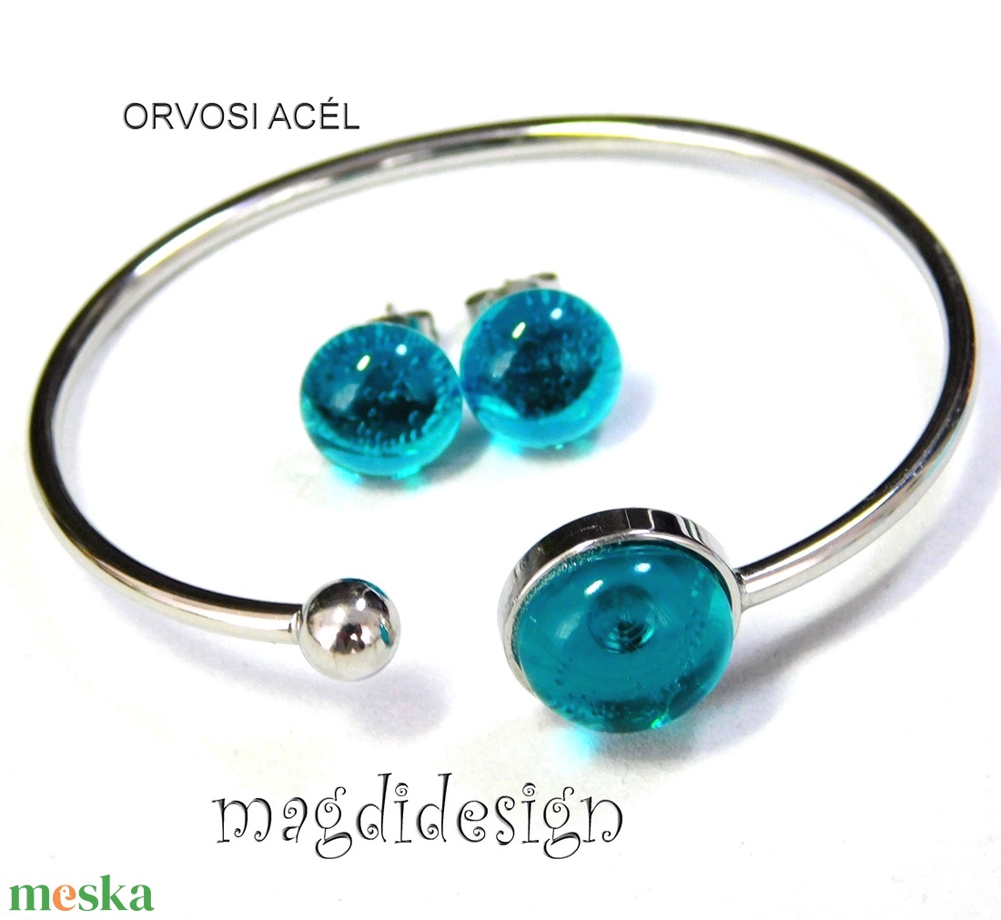 Türkiz üvegékszer szett karkötő, stiftes fülbevaló - Ballagásra, születésnapra, névnapra - ékszer - ékszerszett - Meska.hu