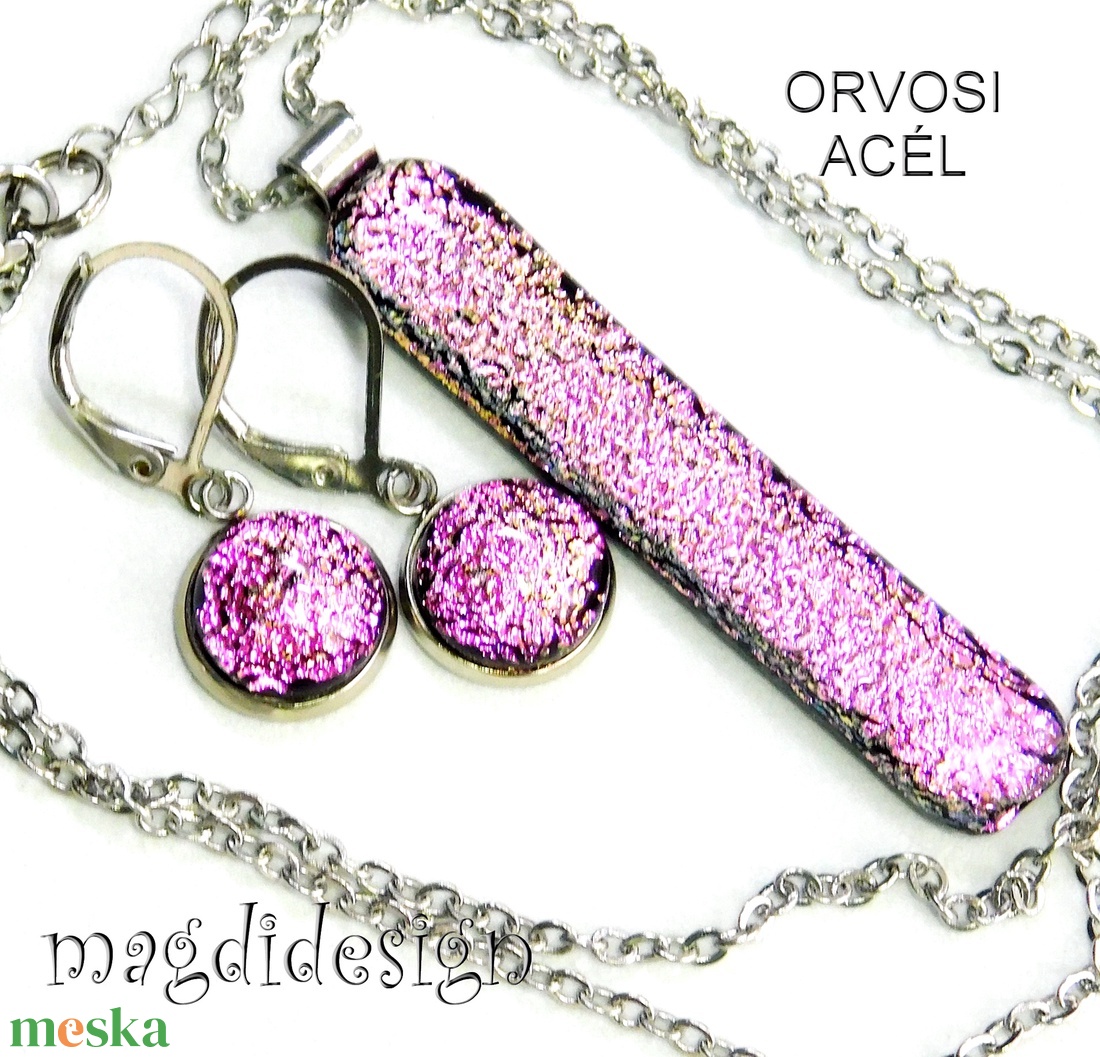  Színjátszó rózsaszín dichroic üvegékszer szett nyaklánc kapcsos fülbevaló - Ballagásra, születésnapra, névnapra - ékszer - ékszerszett - Meska.hu