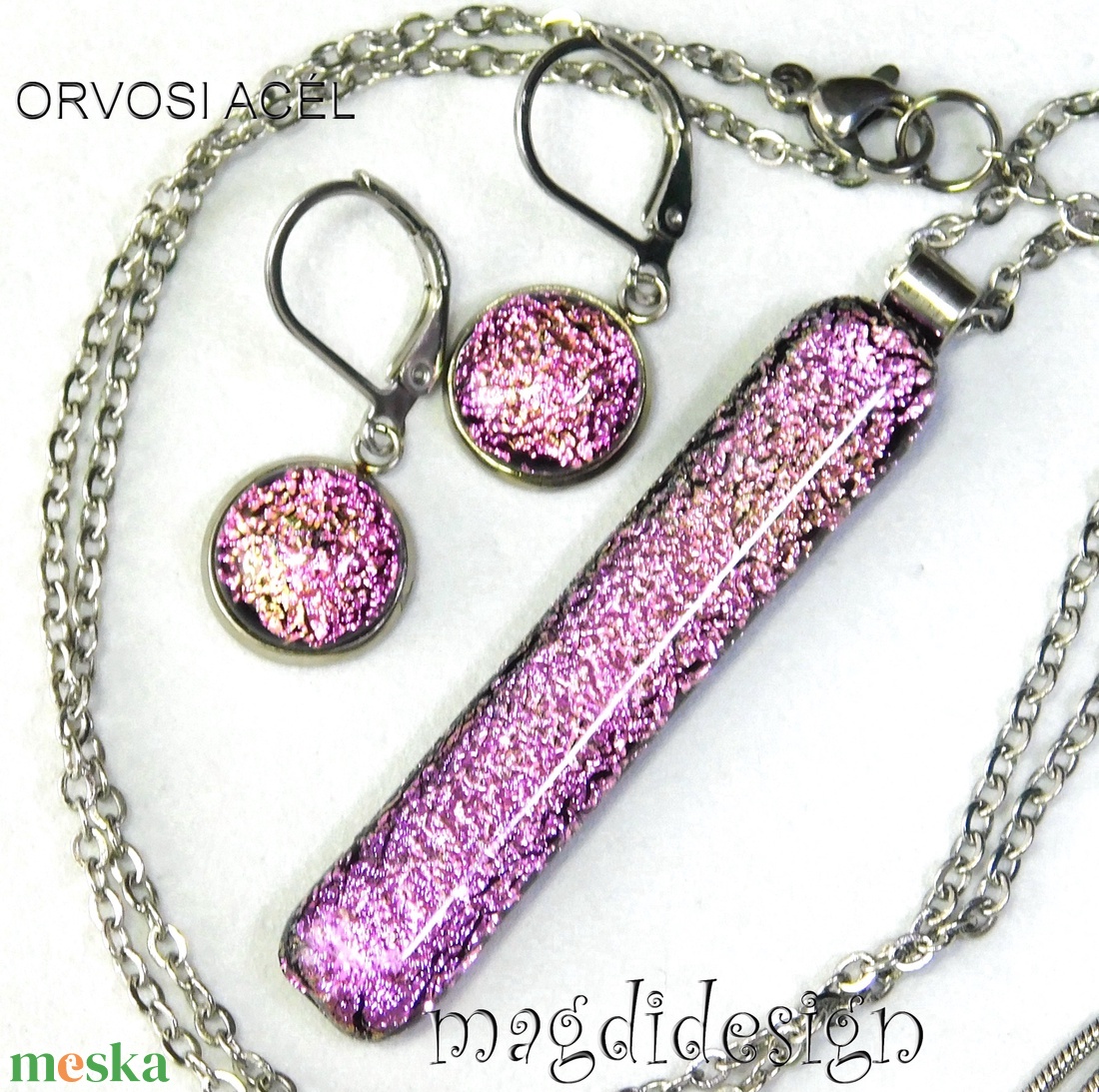  Színjátszó rózsaszín dichroic üvegékszer szett nyaklánc kapcsos fülbevaló - Ballagásra, születésnapra, névnapra - ékszer - ékszerszett - Meska.hu