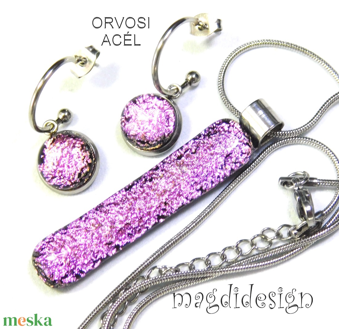  Színjátszó rózsaszín dichroic üvegékszer szett nyaklánc kapcsos fülbevaló - Ballagásra, születésnapra, névnapra - ékszer - ékszerszett - Meska.hu