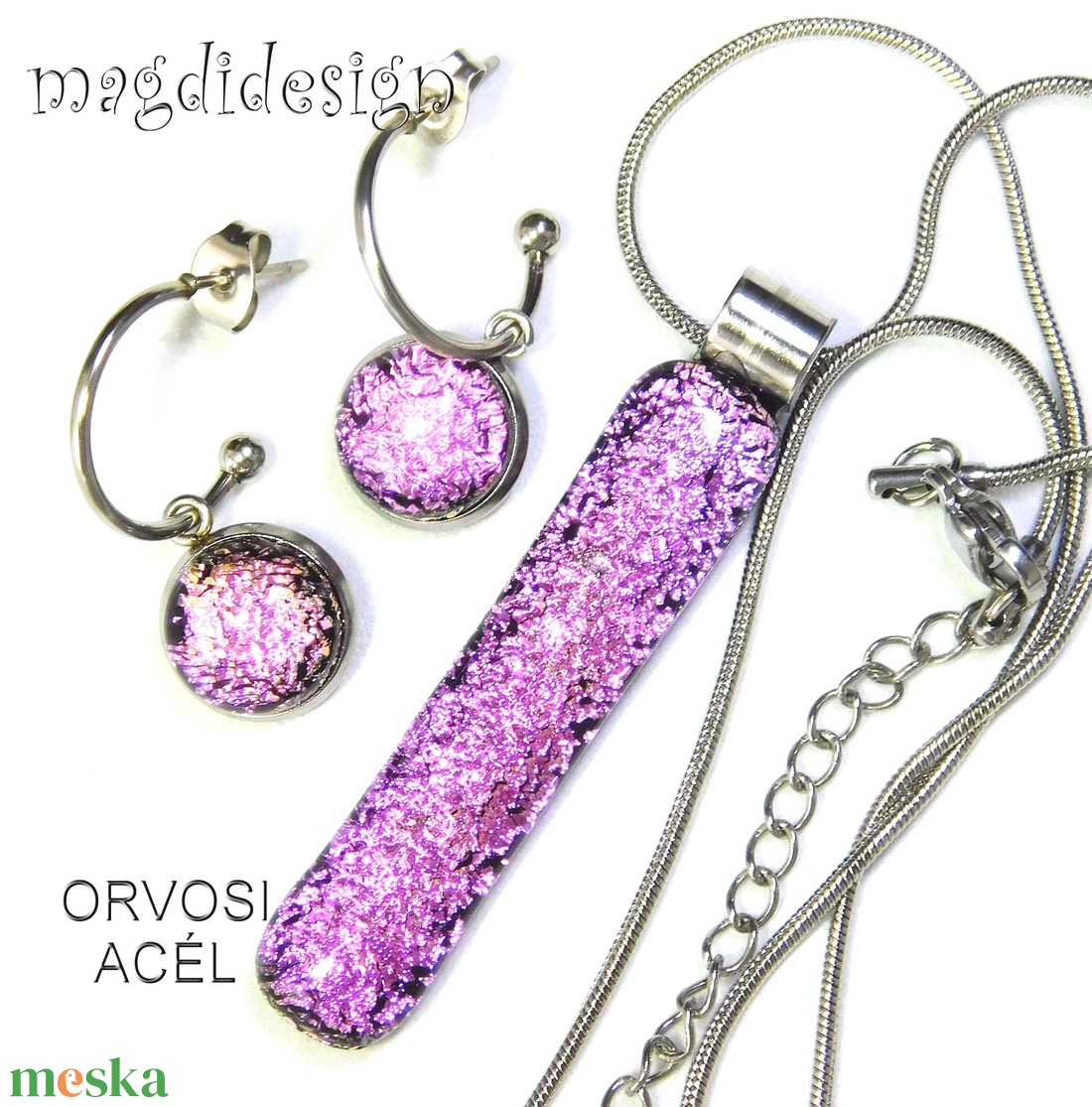  Szikrázó rózsaszín dichroic üvegékszer szett nyaklánc lógós fülbevaló - ékszer - ékszerszett - Meska.hu
