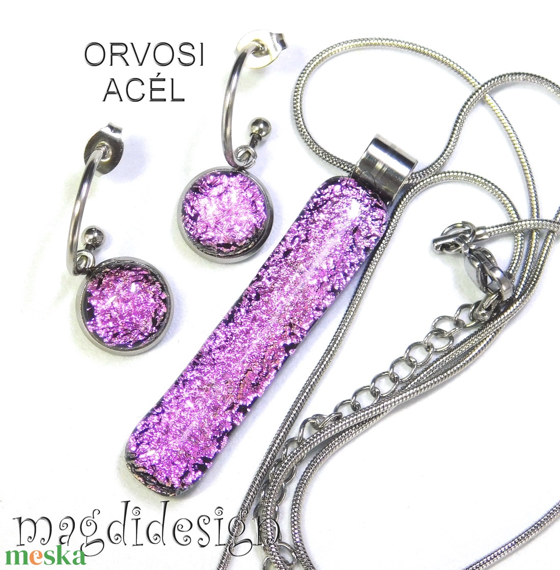  Szikrázó rózsaszín dichroic üvegékszer szett nyaklánc lógós fülbevaló - ékszer - ékszerszett - Meska.hu