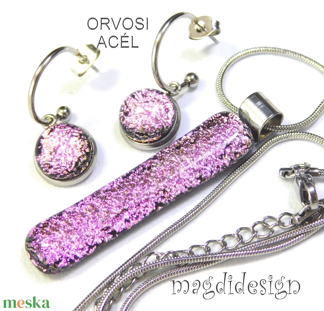  Szikrázó rózsaszín dichroic üvegékszer szett nyaklánc lógós fülbevaló - ékszer - ékszerszett - Meska.hu